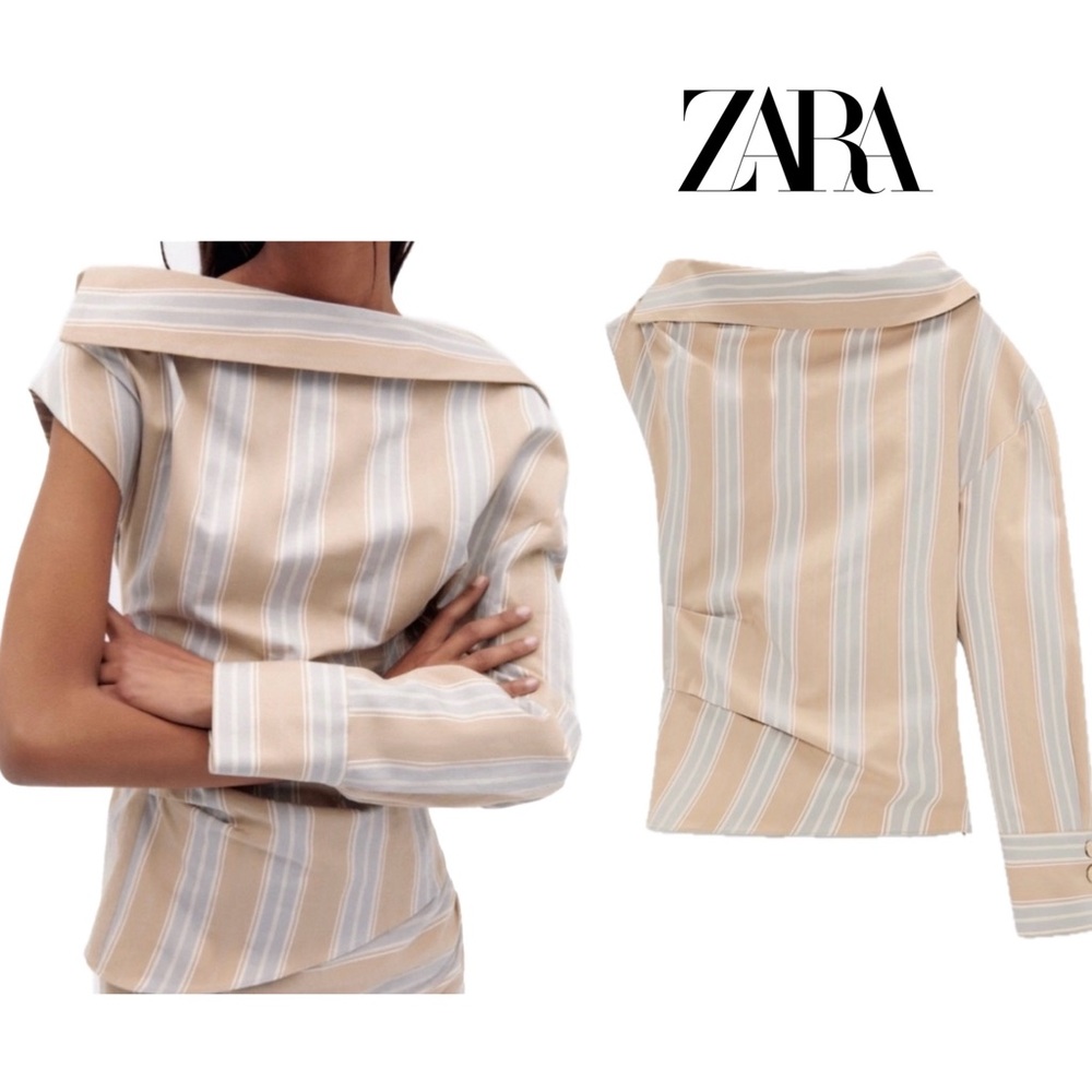 Zara beige striped asymmetrical one shoulder shirt top blouse Sz XS - Picture 11 of 11